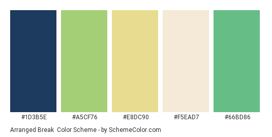 Arranged Break - Color scheme palette thumbnail - #1D3B5E #A5CF76 #E8DC90 #F5EAD7 #66BD86 