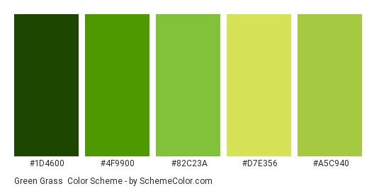 Green Grass - Color scheme palette thumbnail - #1D4600 #4F9900 #82C23A #D7E356 #A5C940 