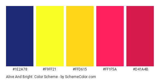 Alive and Bright - Color scheme palette thumbnail - #1E2A78 #F9FF21 #FFD615 #FF1F5A #D41A4B 
