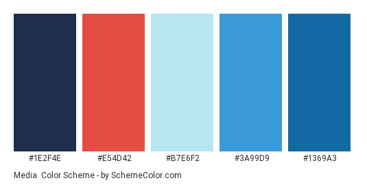 Media - Color scheme palette thumbnail - #1E2F4E #e54d42 #b7e6f2 #3a99d9 #1369a3 