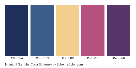 Midnight Standby - Color scheme palette thumbnail - #1E305A #3B5B89 #F2CF8C #B6507E #573568 