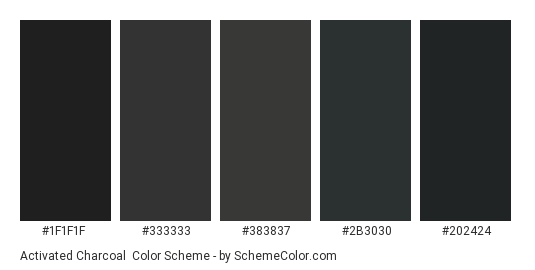 Activated Charcoal - Color scheme palette thumbnail - #1F1F1F #333333 #383837 #2B3030 #202424 