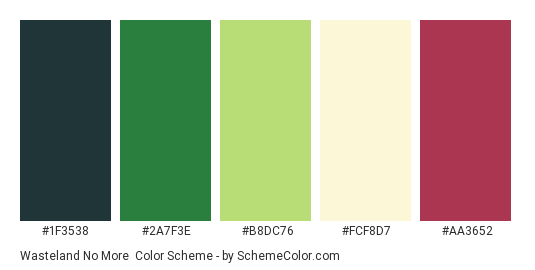 Wasteland No More - Color scheme palette thumbnail - #1F3538 #2A7F3E #B8DC76 #FCF8D7 #AA3652 