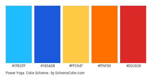 Power Yoga - Color scheme palette thumbnail - #1FBCFF #185ADB #FFC947 #FF6F00 #DD2828 