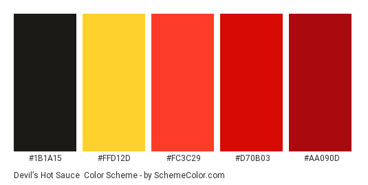 Devil’s Hot Sauce - Color scheme palette thumbnail - #1b1a15 #ffd12d #fc3c29 #d70b03 #aa090d 