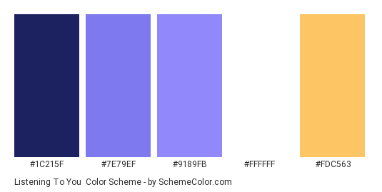 Listening To You - Color scheme palette thumbnail - #1c215f #7e79ef #9189fb #ffffff #fdc563 