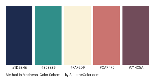 Method in Madness - Color scheme palette thumbnail - #1d2b4e #308e89 #faf2d9 #ca7470 #714c5a 