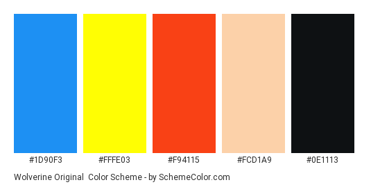 Wolverine Original - Color scheme palette thumbnail - #1d90f3 #fffe03 #f94115 #fcd1a9 #0e1113 