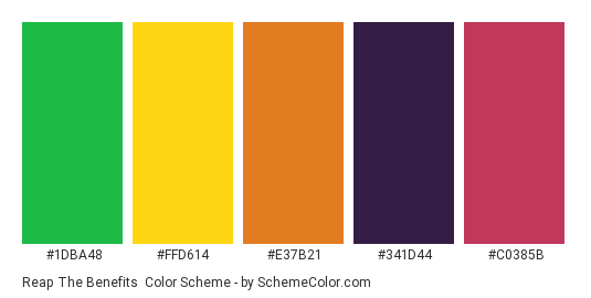Reap the Benefits - Color scheme palette thumbnail - #1dba48 #ffd614 #e37b21 #341d44 #c0385b 