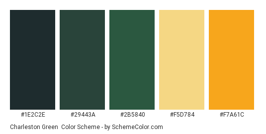Charleston Green - Color scheme palette thumbnail - #1e2c2e #29443a #2b5840 #f5d784 #f7a61c 