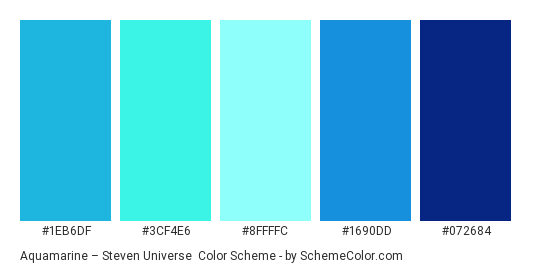 Aquamarine – Steven Universe - Color scheme palette thumbnail - #1eb6df #3cf4e6 #8ffffc #1690dd #072684 