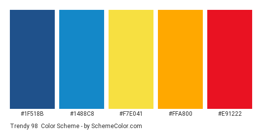 Trendy 98 - Color scheme palette thumbnail - #1f518b #1488c8 #f7e041 #FFA800 #e91222 