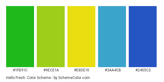Hello Fresh - Color scheme palette thumbnail - #1fb91c #9ece1a #e8de10 #3aa4cb #2455c2 