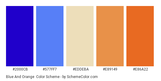 Blue and Orange - Color scheme palette thumbnail - #2000CB #577FF7 #eddeba #E89149 #E86A22 