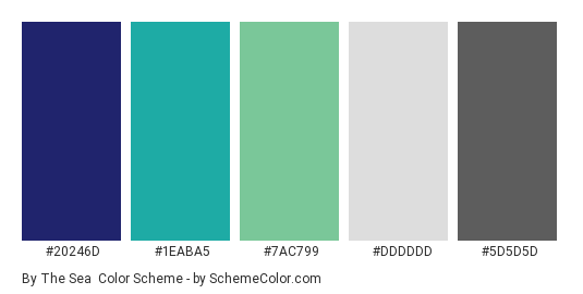 By the Sea - Color scheme palette thumbnail - #20246d #1eaba5 #7ac799 #dddddd #5d5d5d 