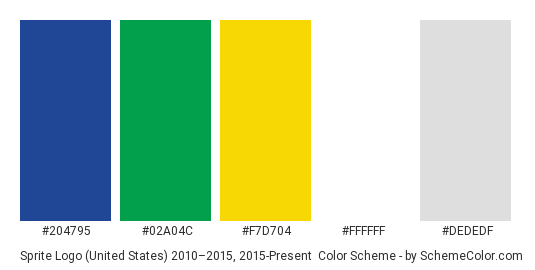 Sprite Logo (United States) 2010–2015, 2015-Present - Color scheme palette thumbnail - #204795 #02a04c #f7d704 #ffffff #dededf 