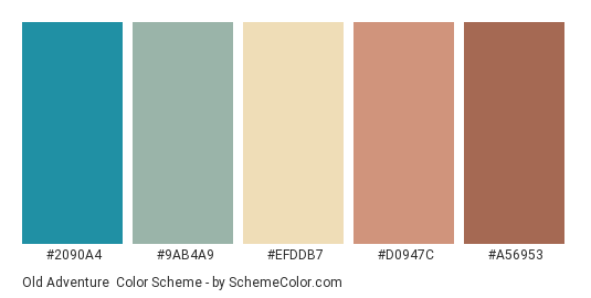 Old Adventure - Color scheme palette thumbnail - #2090A4 #9AB4A9 #EFDDB7 #D0947C #A56953 