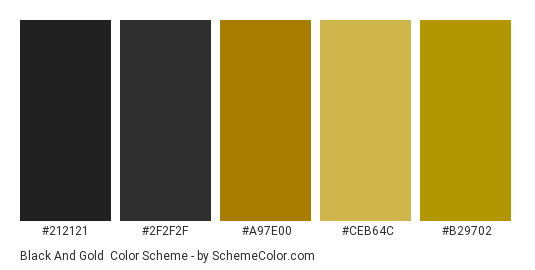 Black and Gold - Color scheme palette thumbnail - #212121 #2f2f2f #a97e00 #ceb64c #b29702 