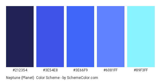 Neptune (Planet) - Color scheme palette thumbnail - #212354 #3E54E8 #3E66F9 #6081FF #89F3FF 