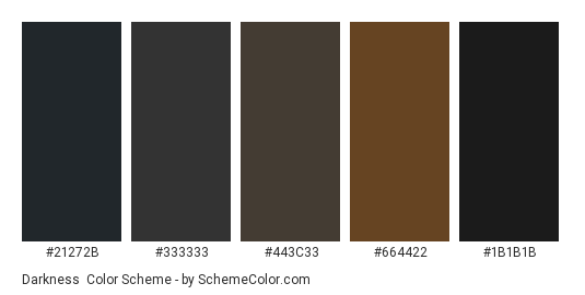Darkness - Color scheme palette thumbnail - #21272b #333333 #443c33 #664422 #1b1b1b 