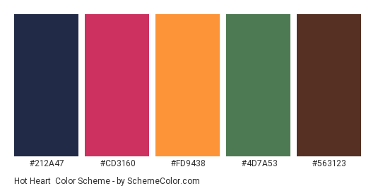 Hot Heart - Color scheme palette thumbnail - #212A47 #CD3160 #FD9438 #4D7A53 #563123 