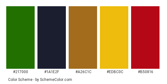 Indian Kathakali - Color scheme palette thumbnail - #217000 #1A1E2F #A26C1C #EDBC0C #B50816 