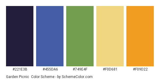 Garden Picnic - Color scheme palette thumbnail - #221E3B #455DA6 #749E4F #F0D681 #F09D22 