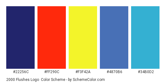 2000 Flushes Logo - Color scheme palette thumbnail - #22256c #ff290c #f3f42a #4870b6 #34b0d2 