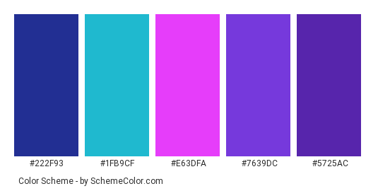 Violet Hair - Color scheme palette thumbnail - #222F93 #1FB9CF #E63DFA #7639DC #5725AC 