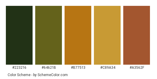 Autumn Forest - Color scheme palette thumbnail - #223216 #64621b #b77513 #c89a34 #a3562f 
