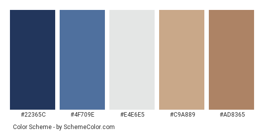 Over Tenerife - Color scheme palette thumbnail - #22365C #4F709E #E4E6E5 #C9A889 #AD8365 