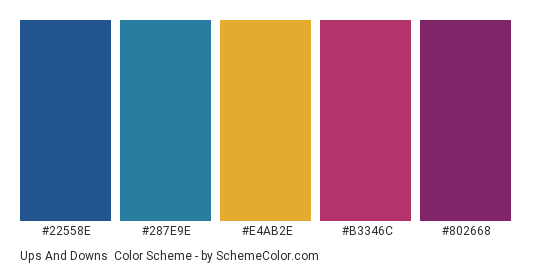 Ups and Downs - Color scheme palette thumbnail - #22558E #287E9E #E4AB2E #B3346C #802668 