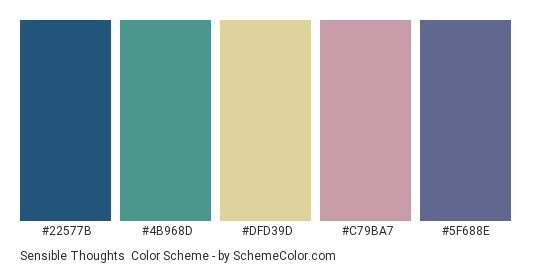 Sensible Thoughts - Color scheme palette thumbnail - #22577B #4b968d #DFD39D #C79BA7 #5F688E 
