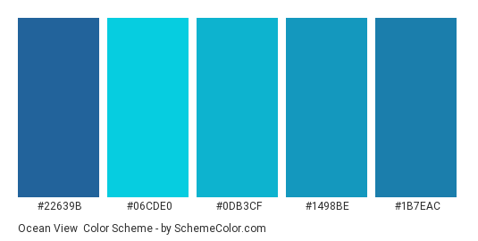 Ocean View - Color scheme palette thumbnail - #22639B #06CDE0 #0DB3CF #1498BE #1B7EAC 