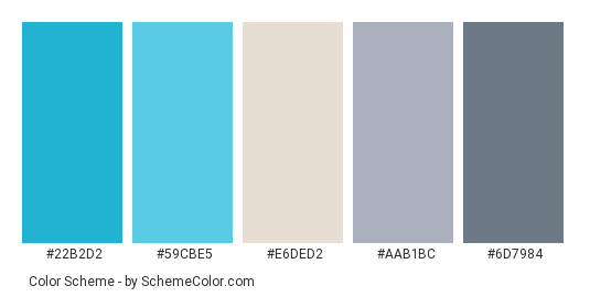 Robin’s Eggs in a Nest - Color scheme palette thumbnail - #22b2d2 #59cbe5 #e6ded2 #aab1bc #6d7984 