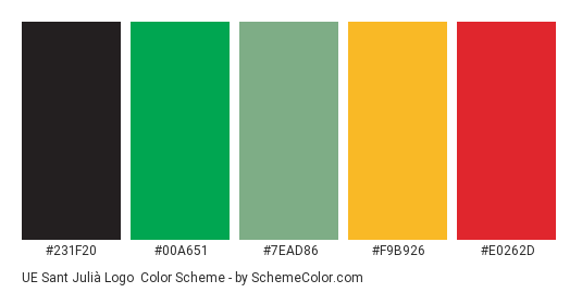 UE Sant Julià Logo - Color scheme palette thumbnail - #231f20 #00a651 #7ead86 #f9b926 #e0262d 