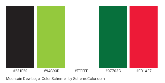 Mountain Dew Logo - Color scheme palette thumbnail - #231f20 #94c93d #ffffff #07703c #ed1a37 