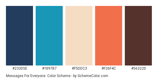 Messages for Everyone - Color scheme palette thumbnail - #233D5E #1897B7 #F5DDC3 #F26F4C #56322D 