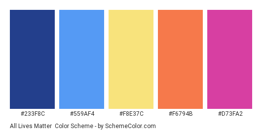 All Lives Matter - Color scheme palette thumbnail - #233F8C #559AF4 #F8E37C #f6794b #d73fa2 