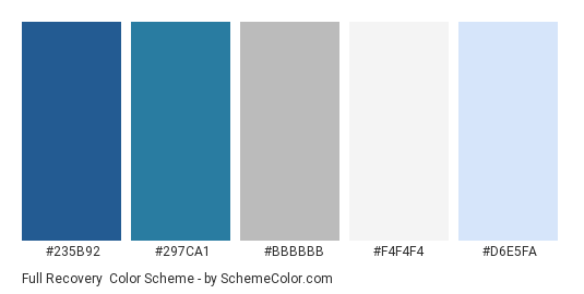 Full Recovery - Color scheme palette thumbnail - #235B92 #297CA1 #BBBBBB #F4F4F4 #D6E5FA 