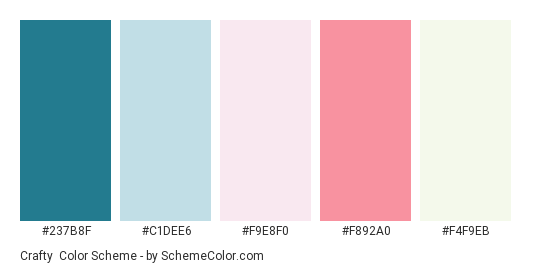 Crafty - Color scheme palette thumbnail - #237B8F #C1DEE6 #F9E8F0 #F892A0 #F4F9EB 