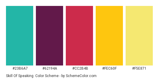 Skill of Speaking - Color scheme palette thumbnail - #23B6A7 #62194A #CC2B4B #FEC60F #F5E871 