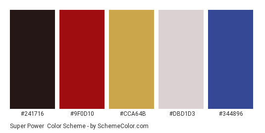 Super Power - Color scheme palette thumbnail - #241716 #9F0D10 #CCA64B #DBD1D3 #344896 