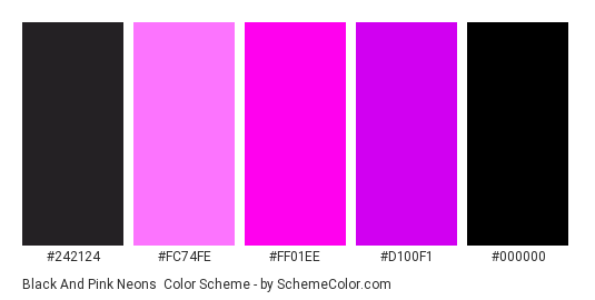 Black and Pink Neons - Color scheme palette thumbnail - #242124 #fc74fe #ff01ee #d100f1 #000000 