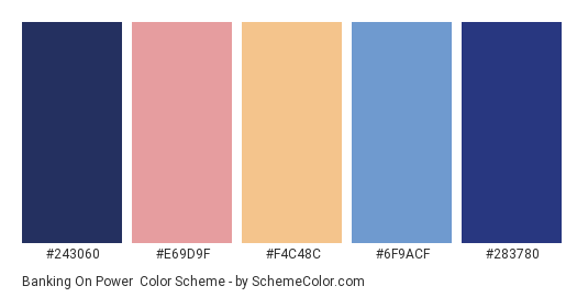 Banking on Power - Color scheme palette thumbnail - #243060 #e69d9f #f4c48c #6f9acf #283780 