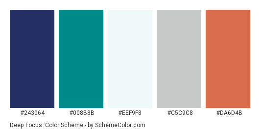 Deep Focus - Color scheme palette thumbnail - #243064 #008B8B #EEF9F8 #C5C9C8 #DA6D4B 