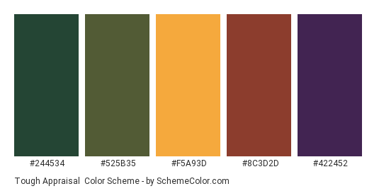 Tough Appraisal - Color scheme palette thumbnail - #244534 #525B35 #F5A93D #8C3D2D #422452 