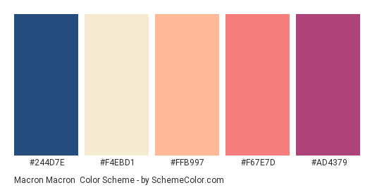 Macron Macron - Color scheme palette thumbnail - #244D7E #f4ebd1 #FFB997 #F67E7D #ad4379 