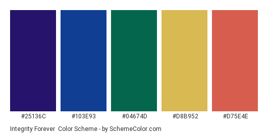Integrity Forever - Color scheme palette thumbnail - #25136c #103e93 #04674d #d8b952 #d75e4e 