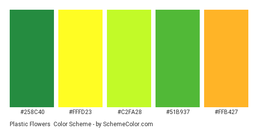 Plastic Flowers - Color scheme palette thumbnail - #258c40 #fffd23 #c2fa28 #51b937 #ffb427 